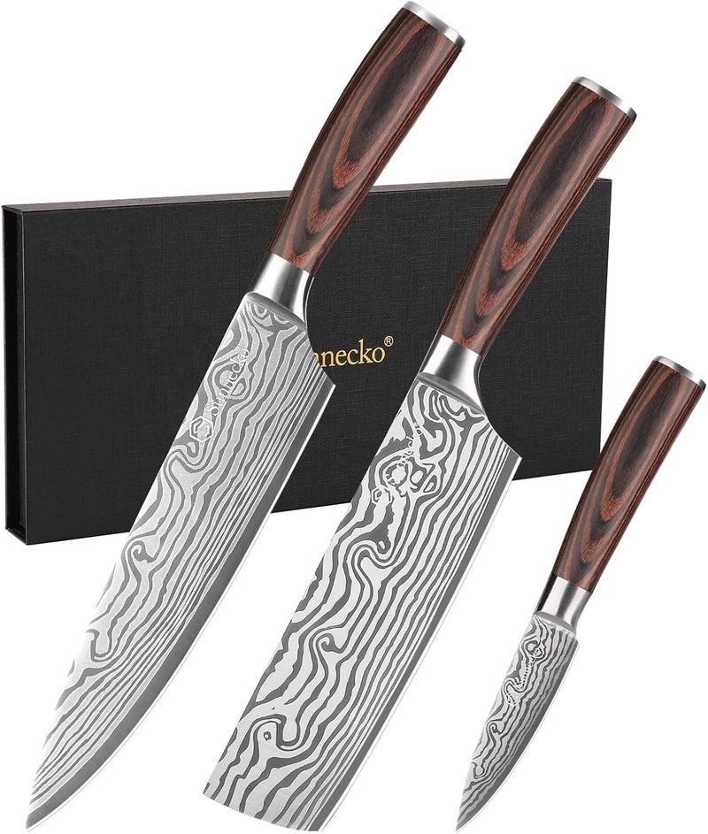 Sunnecko Kitchen Knife Set 3 Piece Chef Knife Set Professional High Carbon Stainless Steel, Sharp Kitchen Knives with Wooden Handle - Image 1